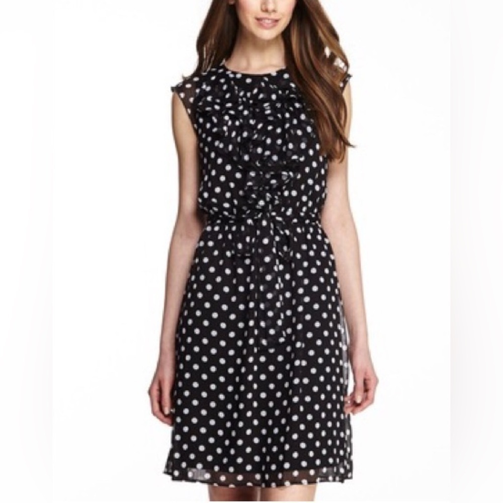 Emma & Michele Polka Dot Ruffled Front Women’s Dress Belted Waist Size 12